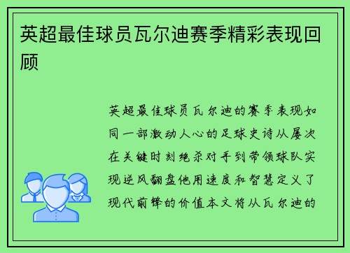 英超最佳球员瓦尔迪赛季精彩表现回顾
