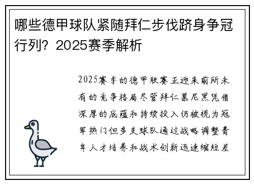 哪些德甲球队紧随拜仁步伐跻身争冠行列？2025赛季解析